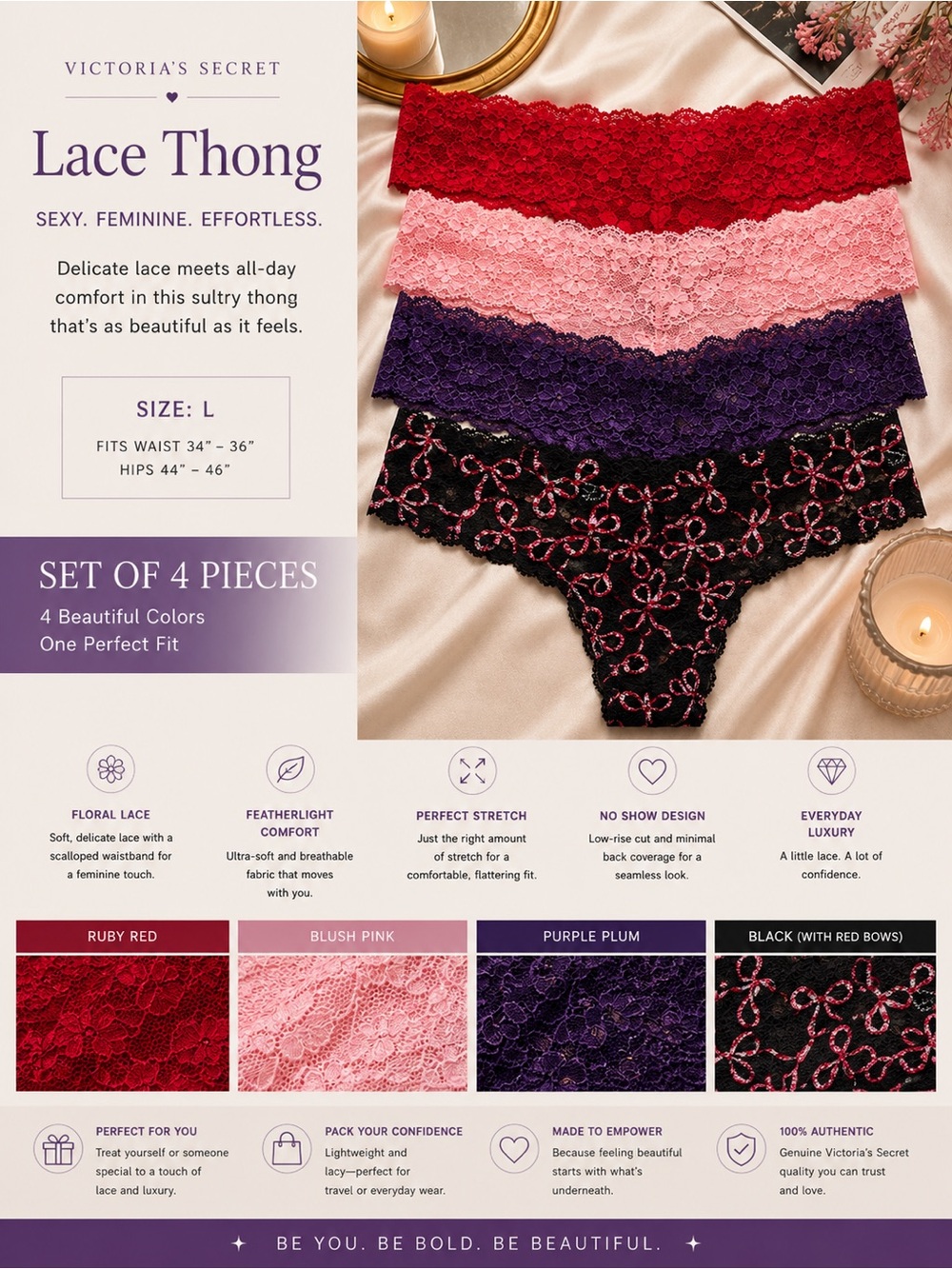 Victoria's Secret Lace Thong Set - Ruby Red, Blush Pink, Purple Plum, Black